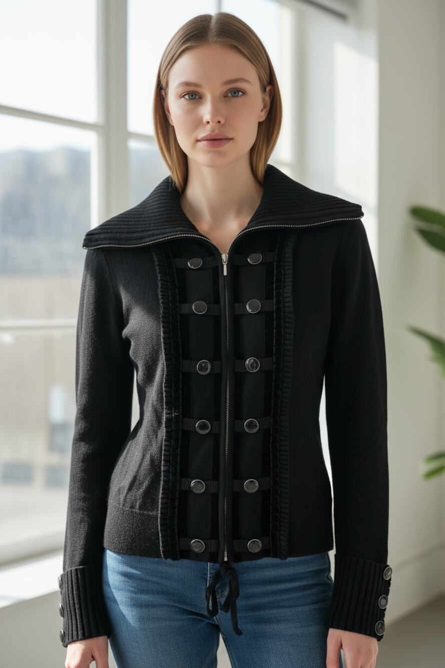 WHITE HOUSE BLACK MARKET Sweater Size S Black Super Cool Accents Full Zip Jacket